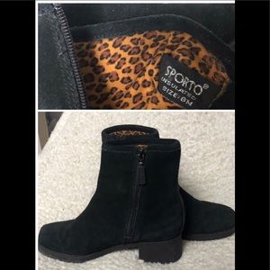Sporto Black leather ankle boot, Leopard interior